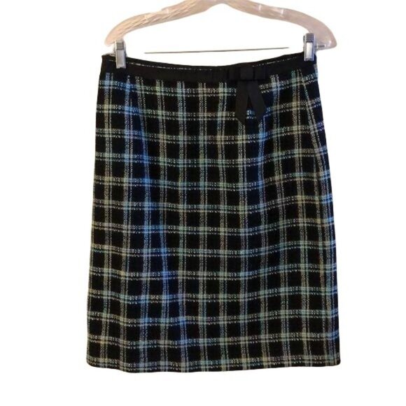 Black Plaid Tweed Skirt With Bow Accent Size 12 By Requirements - Picture 1 of 6